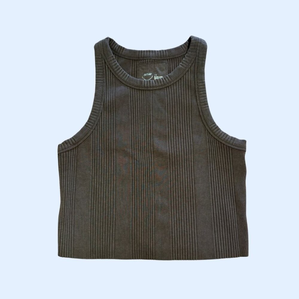 Aerie "Free Spirit" Ribbed Cropped Tank Top, Warm Brown, Size L